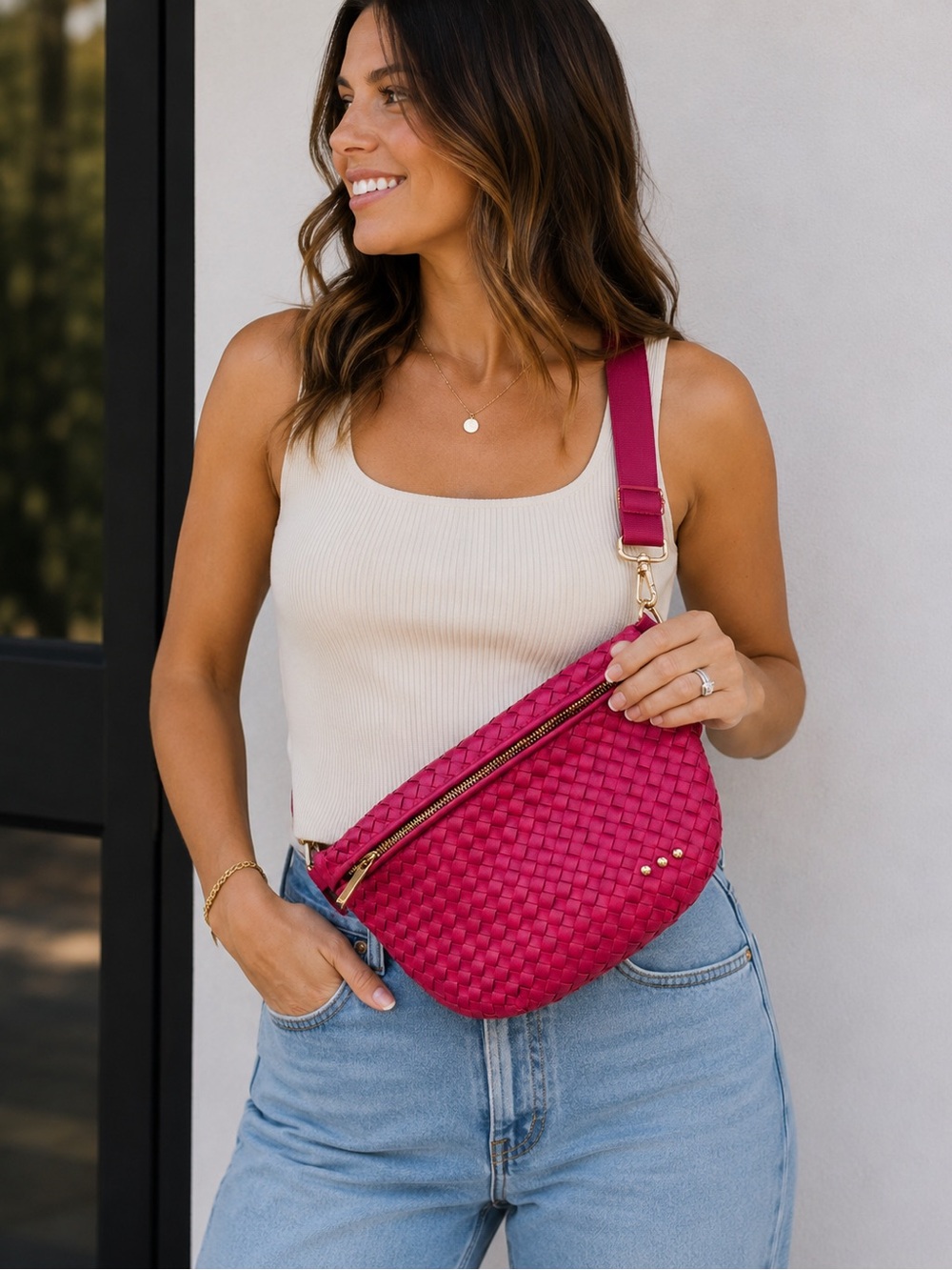 Pretty Simple Westlyn Woven Bum Bag Vegan Leather Fuchsia Adjustable NWT